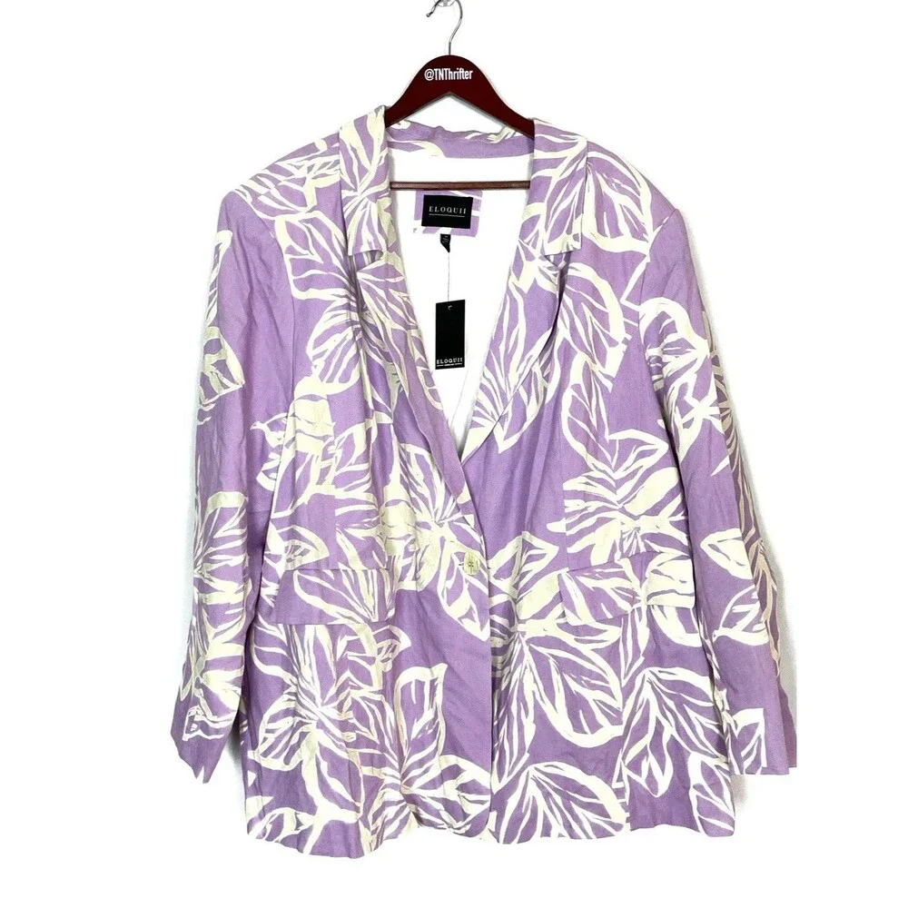 NEW Eloquii Linen Blend Floral Purple Jacket Blazer Workwear Women's Size 28 - Picture 1 of 10